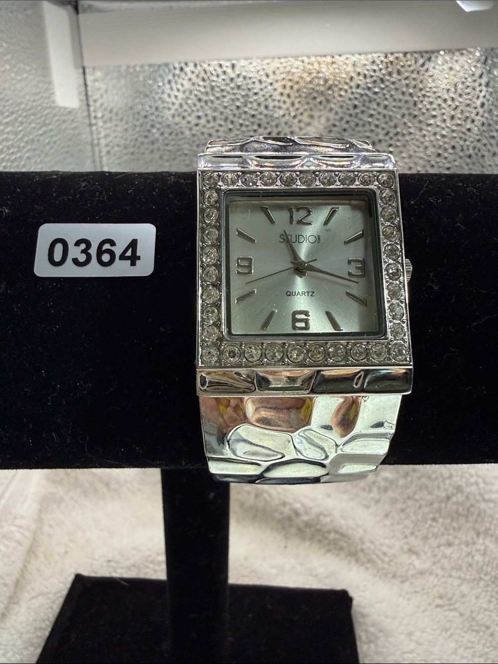 Studio Silver Crystal-Accent Women's Hammered Bracelet Watch